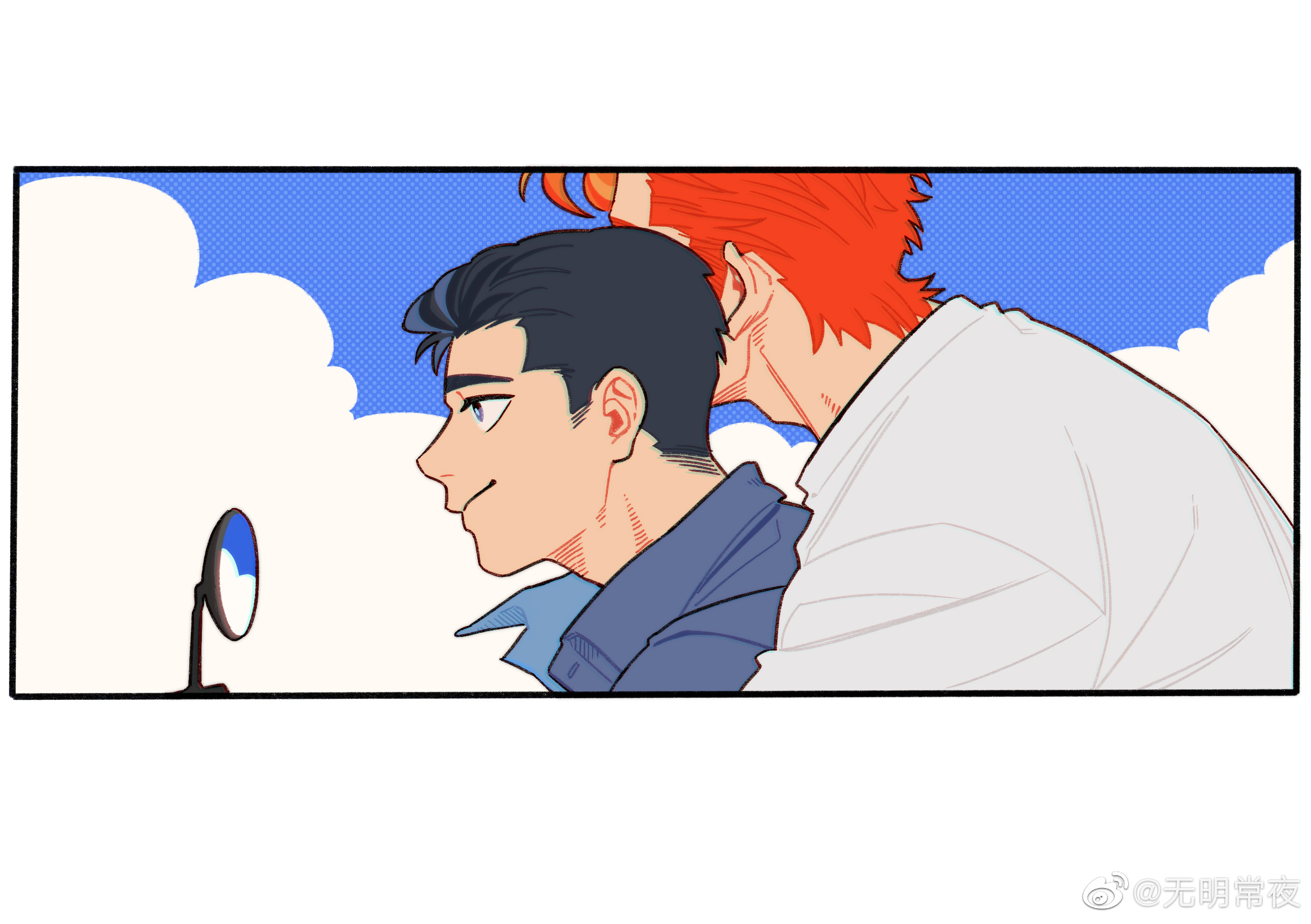 mito youhei, sakuragi hanamichi, slam dunk (series), highres, 2boys, black hair, blue eyes, blue shirt, blue sky, cloud, implied yaoi, motor vehicle, motorcycle, multiple boys, red hair, shirt, short hair, sky, smile, white shirt, wumingchangye