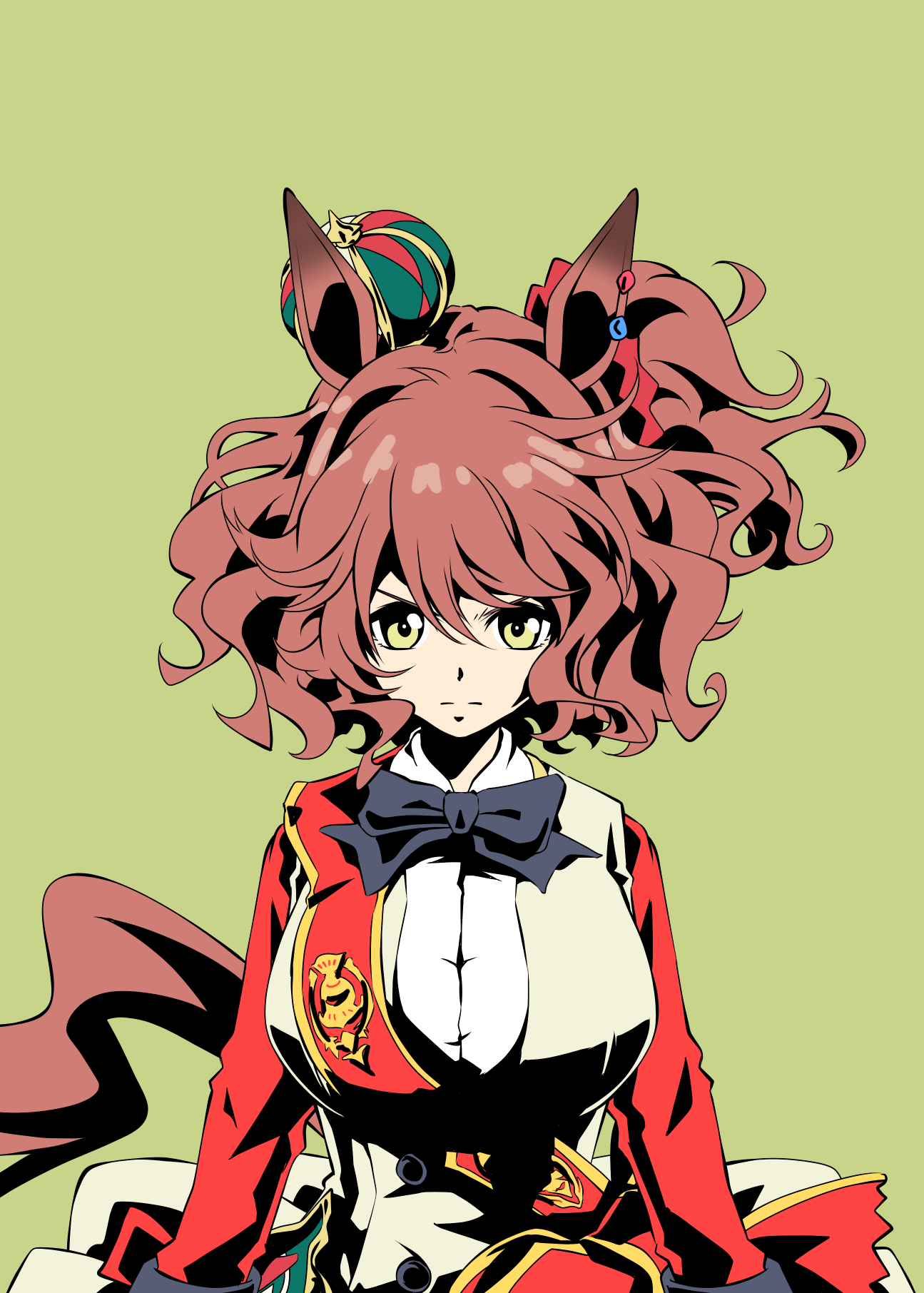 zukki (bijitaru), aston machan (umamusume), umamusume, commentary, highres, 1girl, animal ears, aston machan (flare) (umamusume), black bow, bow, breasts, brown hair, closed mouth, crown, ear ornament, green eyes, hair between eyes, hair ornament, hair scrunchie, horse ears, horse girl, horse tail, large breasts, long sleeves, looking at viewer, medium hair, mini crown, red scrunchie, red sleeves, scrunchie, shirt, simple background, skirt, solo, tail, tilted headwear