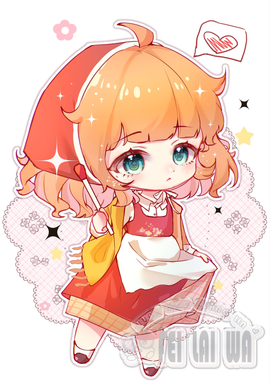 little match girl, andersen's fairy tales, chinese commentary, commentary request, highres, 1girl, :o, ahoge, ankle socks, apron, blue eyes, blunt bangs, brown dress, brown hair, brown shoes, buttons, chibi, collared shirt, country lolita, dot nose, dress, dress shirt, expressionless, eyelashes, feilaiwa, fringe trim, hair through headwear, headscarf, heart, holding, holding matchstick, lace, layered dress, light blush, loafers, lolita fashion, long dress, long sleeves, matches, medium hair, neck ribbon, outline, parted lips, pinafore dress, plaid clothes, plaid dress, red dress, red headscarf, ribbon, shawl, shirt, shoes, skirt hold, sleeveless, sleeveless dress, socks, solo, sparkle, speech bubble, spoken heart, waist apron, watermark, white apron, white background, white outline, white ribbon, white shirt, white socks, yellow shawl