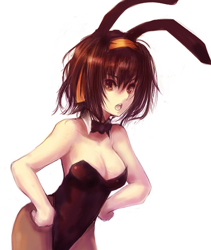 kara (color), suzumiya haruhi, suzumiya haruhi no yuuutsu, lowres, 00s, 1girl, animal ears, bare shoulders, breasts, brown hair, cleavage, detached collar, fake animal ears, female focus, hands on own hips, leaning forward, leotard, pantyhose, playboy bunny, rabbit ears, short hair, solo, white background