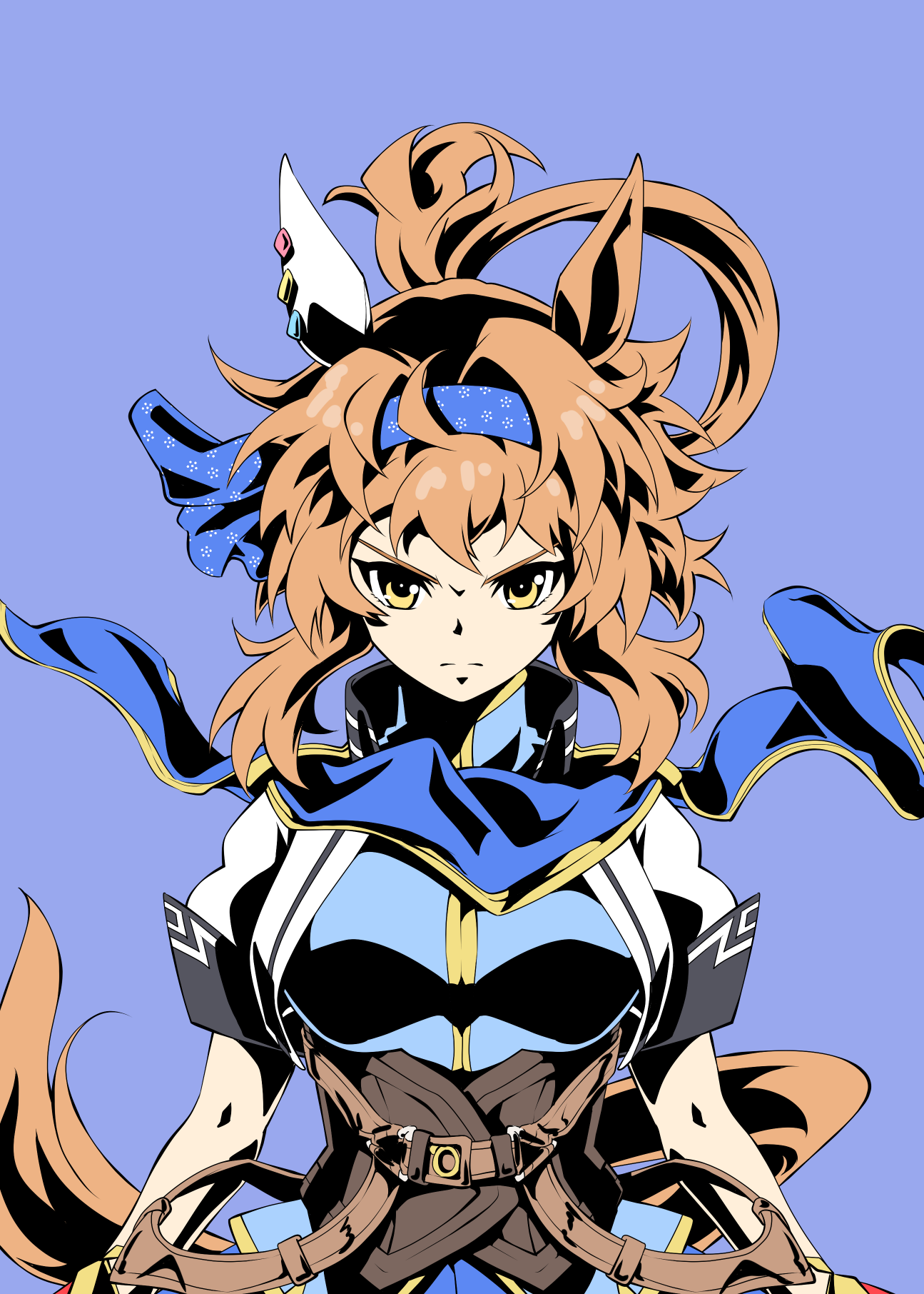 zukki (bijitaru), umamusume, commentary, highres, 1girl, animal ears, arms at sides, blue background, blue hairband, blue scarf, blue shirt, breasts, brown hair, closed mouth, corset, cropped jacket, ear covers, furioso (umamusume), hair between eyes, hairband, high contrast, horse ears, horse girl, horse tail, jacket, long hair, looking at viewer, open clothes, open jacket, scarf, shirt, short sleeves, simple background, single ear cover, straight-on, tail, upper body, v-shaped eyebrows, white jacket, yellow eyes