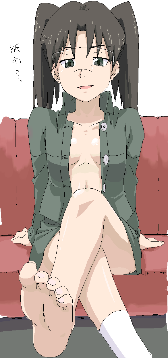 youkan, amasawa yuuko, dennou coil, highres, translated, 00s, 1girl, barefoot, brown hair, feet, female focus, glasses, open clothes, open shirt, shirt, short hair, single sock, socks, soles, solo, twintails