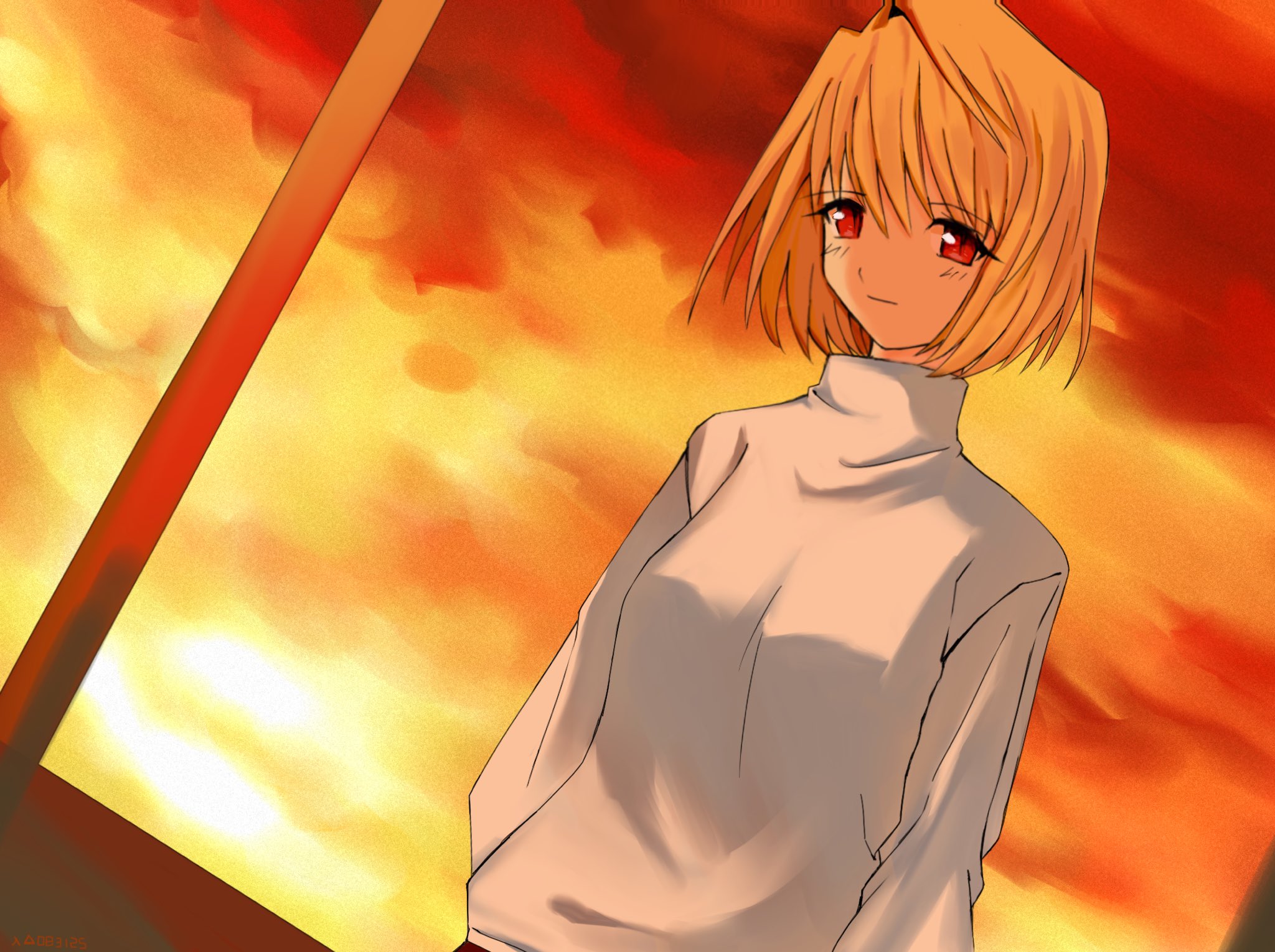 arcueid brunestud, tsukihime, highres, 1girl, arms behind back, blonde hair, blush, breasts, classroom, indoors, looking at another, ninmu, red eyes, scene reference, short hair, smile, sunset, sweater, turtleneck, turtleneck sweater, window