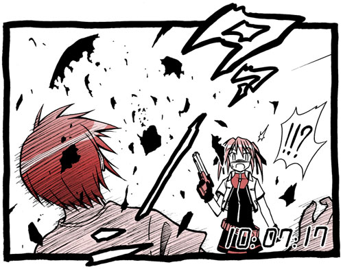 cross mirage, teana lanster, lyrical nanoha, mahou shoujo lyrical nanoha, mahou shoujo lyrical nanoha strikers, lowres, 00s, 1boy, 1girl, border, bow, bowtie, brown hair, gun, handgun, holding, holding gun, holding weapon, limited palette, pistol, puffy short sleeves, puffy sleeves, red bow, red bowtie, red hair, rock, short sleeves, simple background, spiked hair, standing, weapon, white background