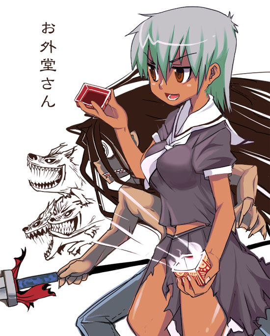 sasago kaze, translation request, 1girl, androgynous, belt, cowboy shot, cube, dark-skinned female, dark skin, female focus, green hair, holding, monster, polearm, red eyes, school uniform, serafuku, shaded face, sharp teeth, short hair, simple background, solo, spear, standing, teeth, tunic, weapon, white background