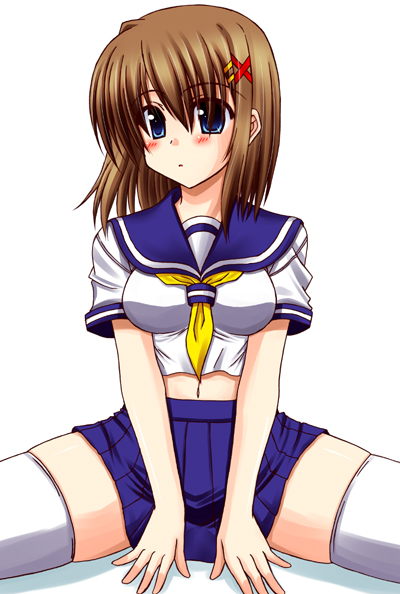 lask, yagami hayate, lyrical nanoha, mahou shoujo lyrical nanoha, mahou shoujo lyrical nanoha strikers, 00s, 1girl, blue eyes, brown hair, female focus, hair ornament, midriff, school uniform, serafuku, short hair, solo, spread legs, thighhighs, white thighhighs, x hair ornament, zettai ryouiki