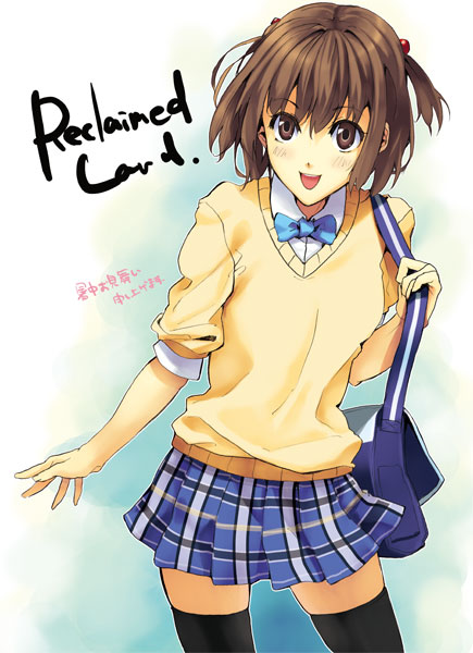 luna (reclaimed land), original, brown eyes, brown hair, open mouth, plaid clothes, plaid skirt, school uniform, serafuku, short hair, skirt, sleeves pushed up, solo, sweater, thighhighs, zettai ryouiki
