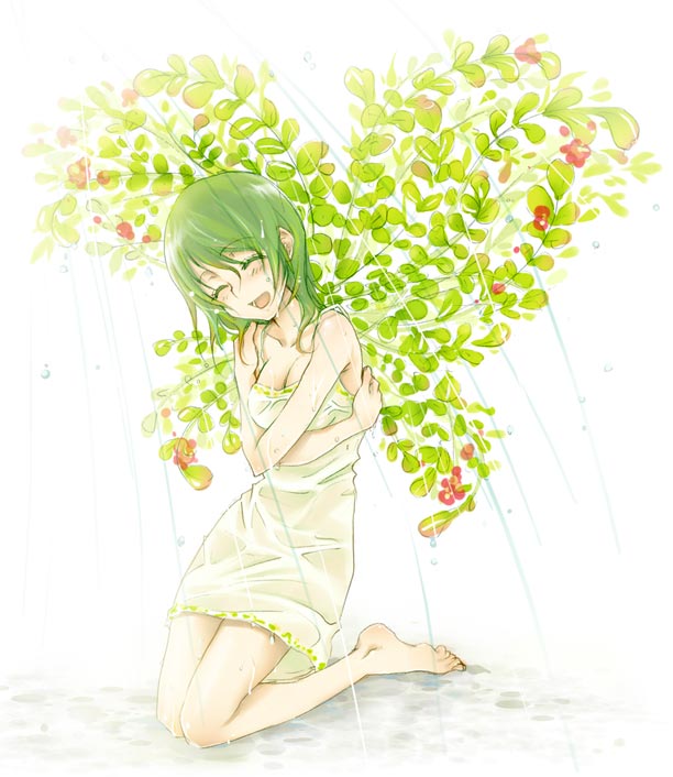 torazou, original, 1girl, barefoot, closed eyes, fairy, female focus, green hair, happy, monster girl, plant girl, rain, solo, wet, wet clothes
