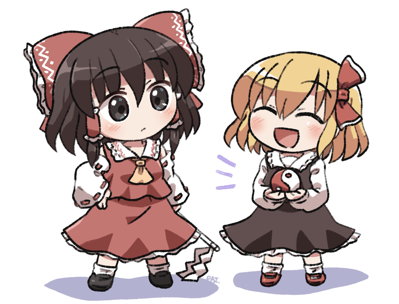 rokugou daisuke, hakurei reimu, rumia, touhou, commentary request, 2girls, :d, ^ ^, ascot, bare shoulders, black shoes, black skirt, black vest, blonde hair, blush, bow, brown eyes, brown hair, chibi, chibi only, closed eyes, closed mouth, collared shirt, contrast collar, detached sleeves, frilled bow, frilled hair tubes, frilled skirt, frills, full body, gohei, hair bow, hair ribbon, hair tubes, hand on own hip, holding, holding gohei, long sleeves, multiple girls, notice lines, open mouth, orb, red ascot, red bow, red ribbon, red shirt, red shoes, red skirt, ribbon, ribbon-trimmed sleeves, ribbon trim, shirt, shoes, short hair, signature, simple background, skirt, skirt set, sleeveless, sleeveless shirt, smile, socks, standing, vest, white background, white shirt, white sleeves, white socks, yellow ascot, yin yang, yin yang orb
