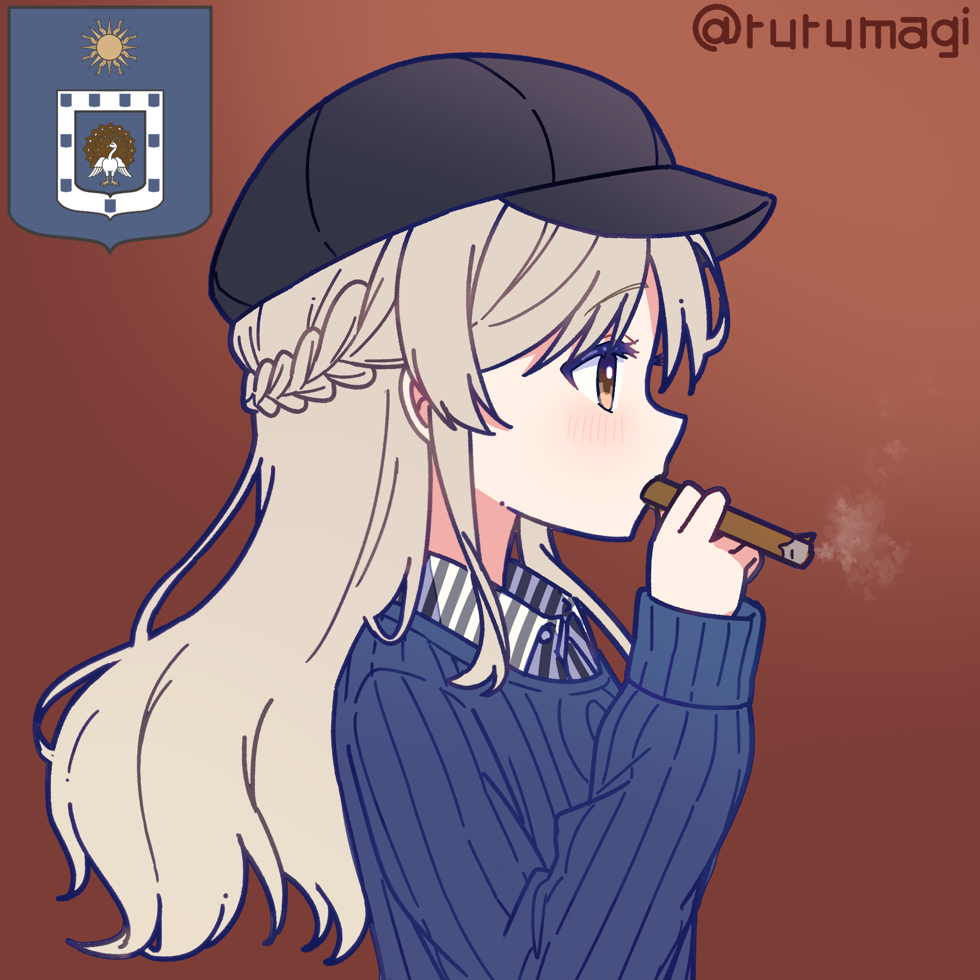 ruru (rurumagi), original, commentary request, commission, highres, pixiv commission, 1girl, black hat, blonde hair, blue sweater, blush, brown eyes, cigarette, coat of arms, from side, hat, holding, holding cigarette, long hair, long sleeves, profile, simple background, smoking, solo, sweater, twitter username, upper body, wing collar