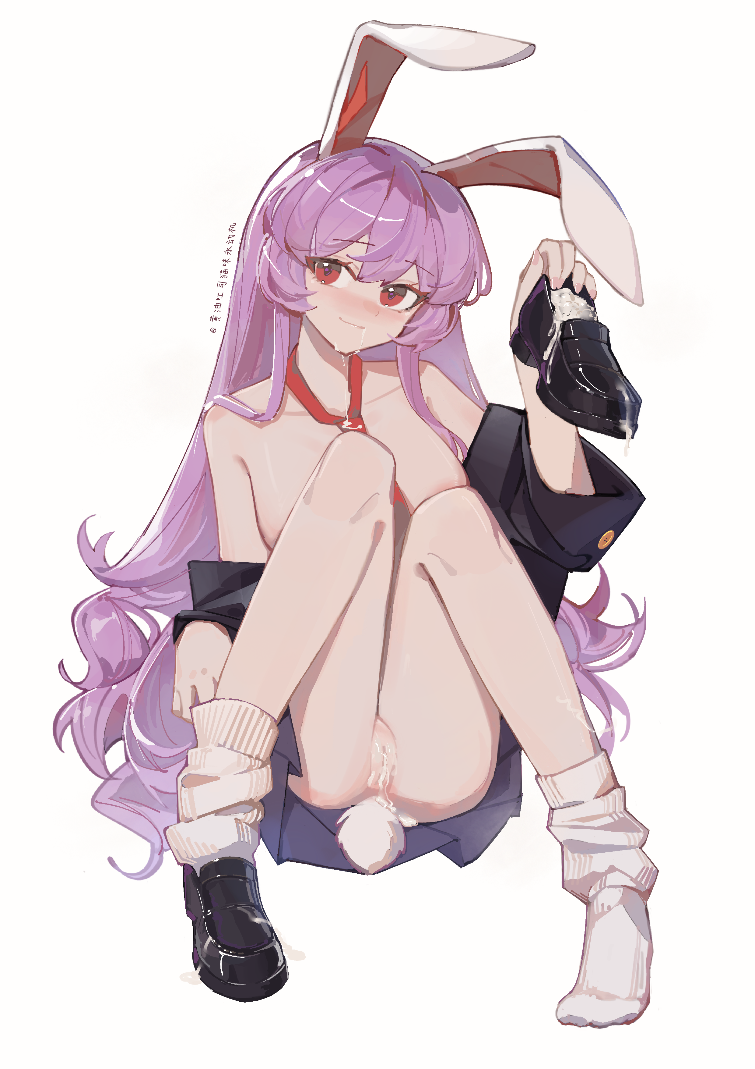 huangyou, reisen udongein inaba, touhou, absurdres, chinese commentary, commentary request, highres, 1girl, animal ears, bilibili username, black jacket, black shoes, black skirt, closed mouth, collared shirt, cum, cum in footwear, cum in pussy, cum on body, facial, full body, holding, holding shoes, holding unworn clothes, jacket, loafers, long hair, long sleeves, looking at viewer, necktie, nude, pleated skirt, purple hair, pussy, rabbit ears, rabbit girl, rabbit tail, red eyes, red necktie, shirt, shoes, single shoe, skirt, socks, solo, tail, thighs, unworn shoes, upskirt, very long hair, white background, white socks