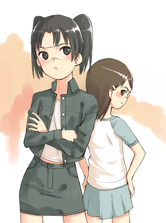 amasawa yuuko, hashimoto fumie, dennou coil, visor, 00s, brown hair, glasses, raglan sleeves, short hair, twintails