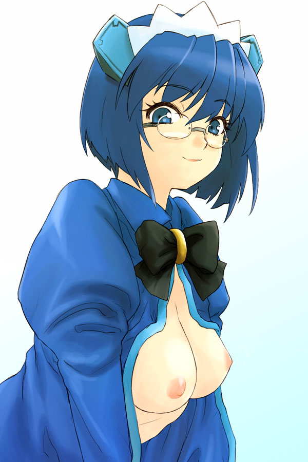 michael f91, 2k-tan, os-tan, 1girl, blue eyes, blue hair, bob cut, bow, breasts, female focus, glasses, maid headdress, matching hair/eyes, nipples, open clothes, open shirt, shirt, short hair, smile, solo