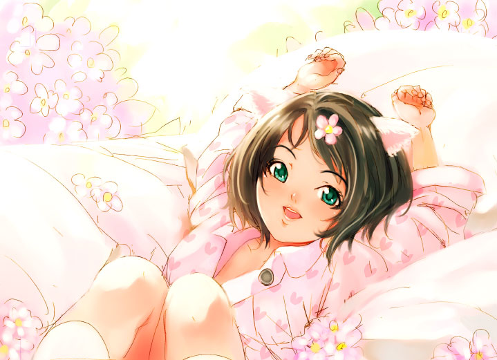 maimu, original, 1girl, animal ears, arms up, blush, brown hair, cat ears, female focus, flower, green eyes, open mouth, pajamas, short hair, solo