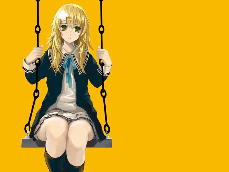 cradle (circle), misaki kurehito, sumeragi kururu, air gear, kodansha, black legwear, 00s, 1girl, blonde hair, cross hair ornament, female focus, hair ornament, hairclip, long hair, looking at viewer, neck ribbon, on swing, orange background, orange eyes, panties, pantyshot, ribbon, school uniform, serafuku, simple background, skirt, solo, swing, underwear, upskirt