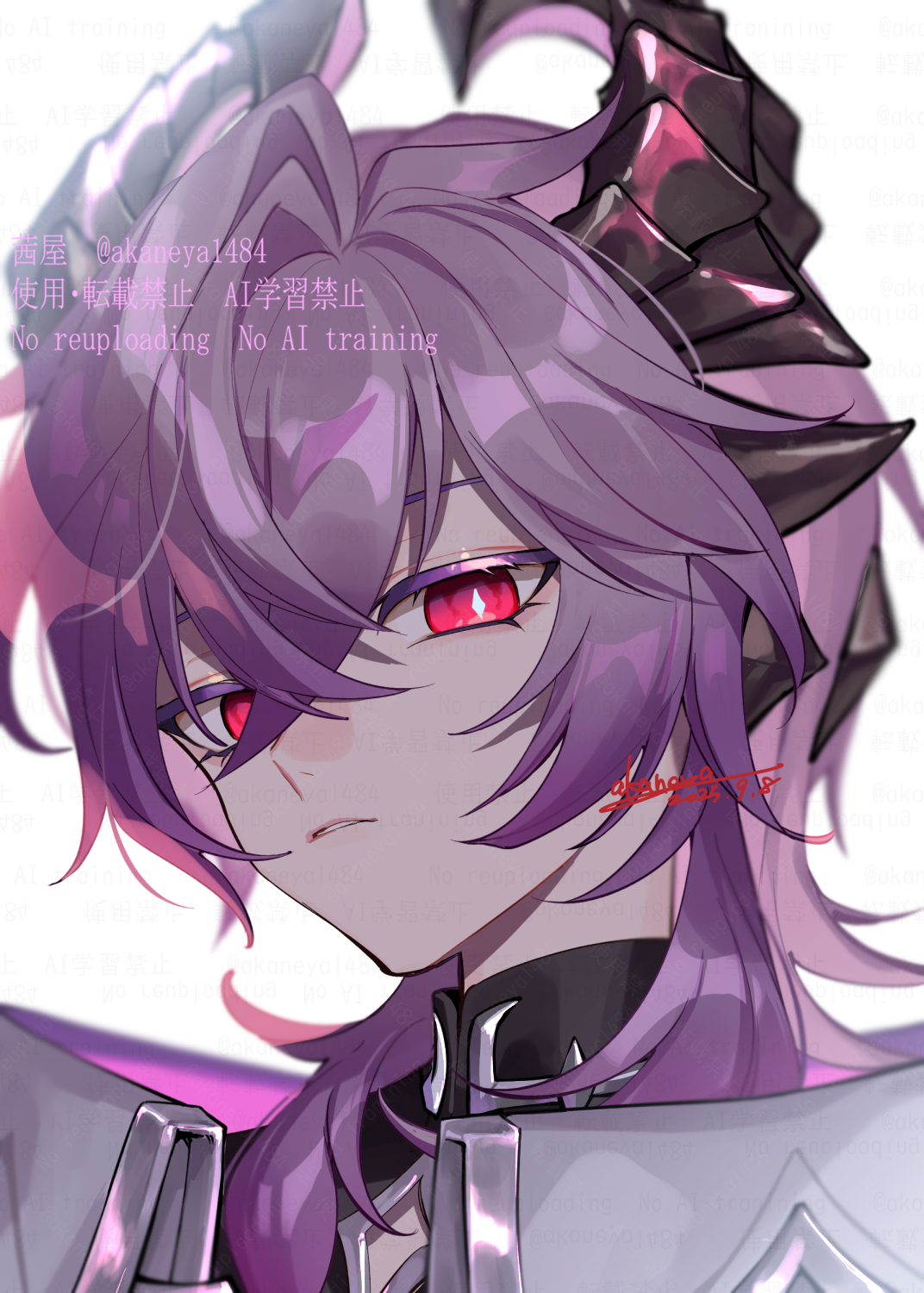 ojo aa, mini durin (genshin impact), mini durin (human) (genshin impact), genshin impact, commentary request, highres, 1boy, black horns, black shirt, blurry, close-up, covered collarbone, crossed bangs, curtained hair, dated, depth of field, diamond-shaped pupils, diamond (shape), diamond cutout, dragon boy, dragon horns, from side, horns, looking at viewer, parted lips, pink hair, portrait, red eyes, shirt, short hair, signature, simple background, solo, symbol-shaped pupils, white background