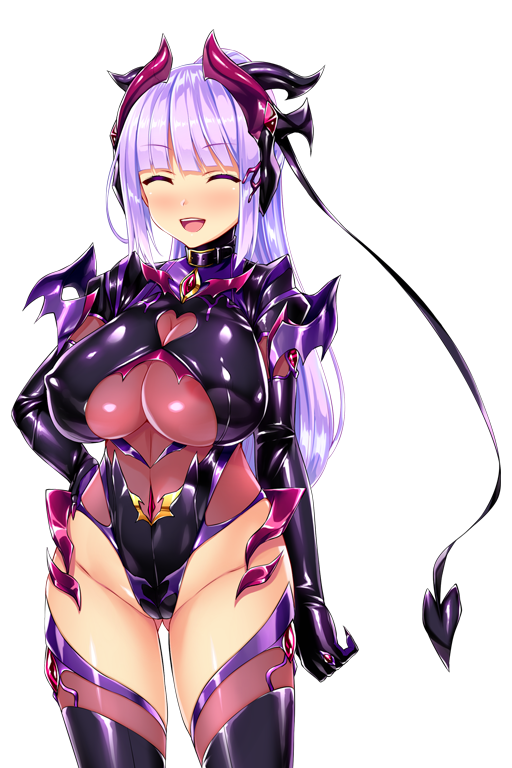satou kuuki, kisaragi nozomi, shinsou seiki elementia, game cg, non-web source, official art, variant set, 1girl, :d, ^ ^, areola slip, blush, bodysuit, breasts, cameltoe, cleavage, closed eyes, clothing cutout, collar, corruption, covered erect nipples, covered navel, cowboy shot, dark persona, demon girl, demon horns, demon tail, elbow gloves, facing viewer, gloves, gluteal fold, hair ornament, hand on own hip, highleg, highleg leotard, horns, huge breasts, leotard, long hair, open mouth, ponytail, purple hair, see-through clothes, shadow venus, shiny clothes, shiny skin, skin tight, smile, solo, standing, tail, teeth, thighhighs, transparent background