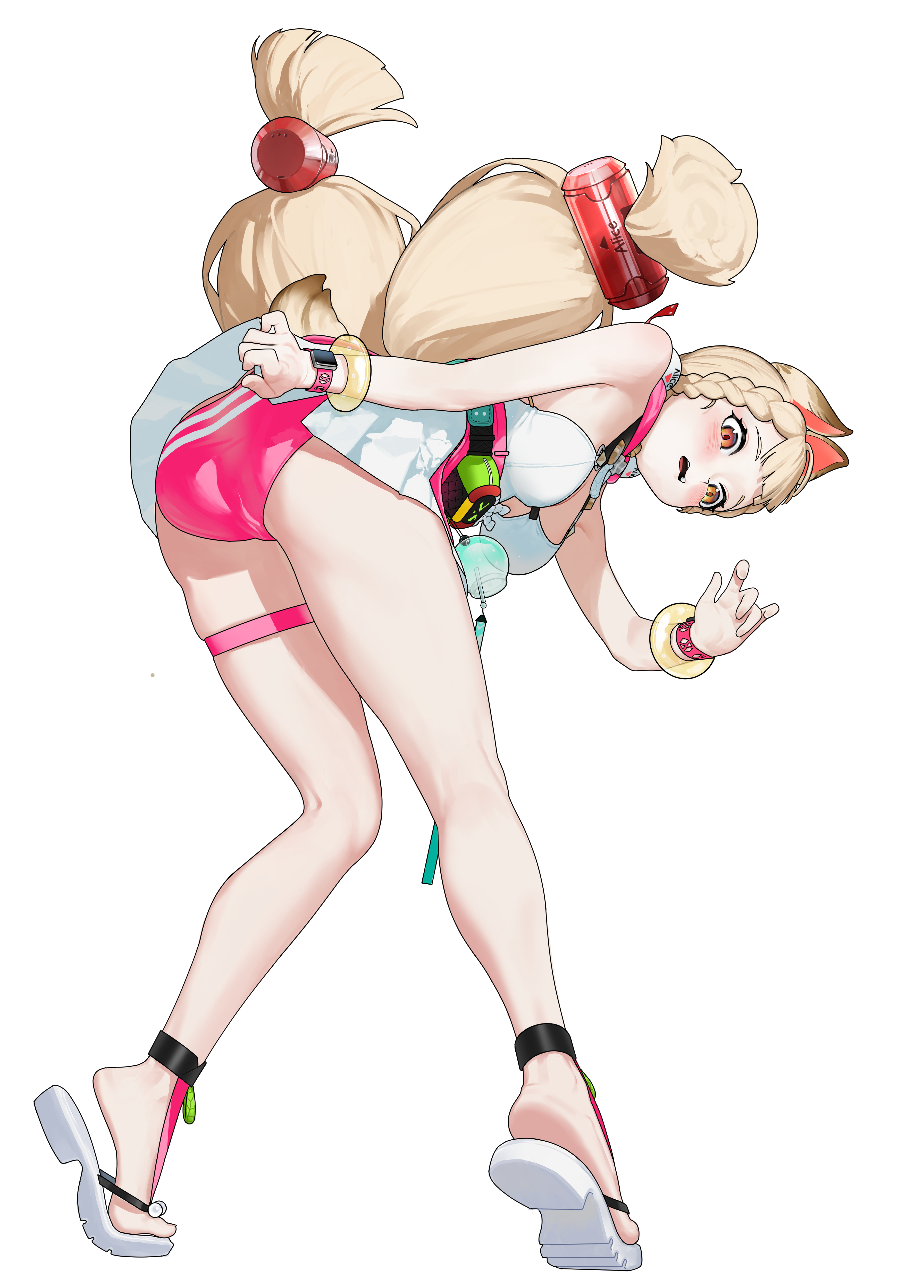 himesamanonete, alice thymefield, alice thymefield (sea of thyme), zenless zone zero, absurdres, highres, 1girl, animal ears, bare shoulders, blush, bracelet, dress swimsuit, embarrassed, hair ornament, heterochromia, jewelry, leaning forward, open mouth, panties, pink panties, rabbit ears, rabbit girl, rabbit tail, shoes, solo, sphere hair ornament, swimsuit, tail, thigh strap, twintails, underwear, watch, white background, white shoes, wristwatch, yellow eyes
