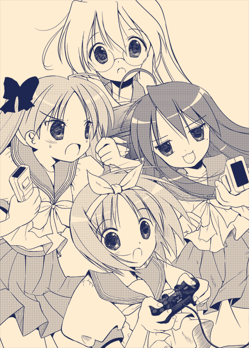 watari masahito, yuririn, hiiragi kagami, hiiragi tsukasa, izumi konata, takara miyuki, lucky star, 00s, 4girls, :3, :o, ahoge, controller, game controller, glasses, hair ribbon, long hair, mole, mole under eye, monochrome, multiple girls, open mouth, orange theme, playing games, playstation controller, purple theme, ribbon, school uniform, serafuku, siblings, sisters, twins, video game, wii remote