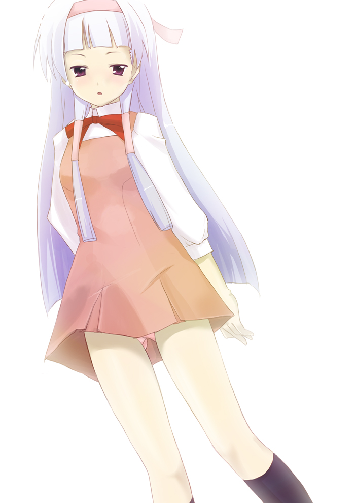 minase shuu, nagi, kannagi, 00s, 1girl, blue hair, blunt bangs, blush, dress, female focus, from below, hair tubes, hairband, kneehighs, long hair, panties, pantyshot, pink panties, purple eyes, red eyes, ribbon, school uniform, serafuku, simple background, socks, solo, underwear