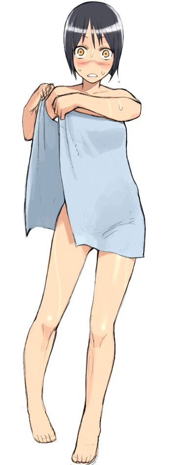 yu 65026, tsumura tokiko, busou renkin, 00s, 1girl, bare legs, bare shoulders, barefoot, black hair, blush, bob cut, feet, female focus, full body, naked towel, scar, short hair, simple background, sketch, solo, standing, surprised, towel, white background, yellow eyes