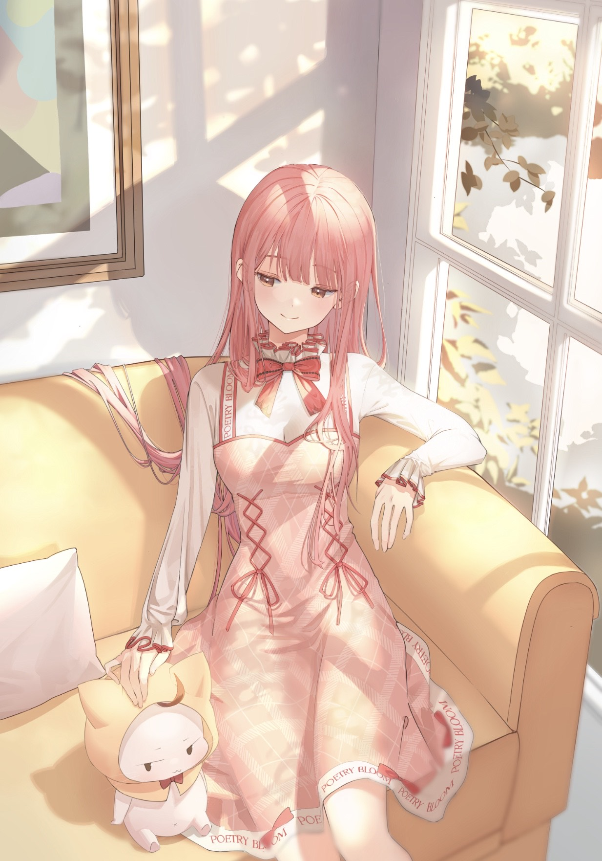 momo (nikki), nikki (nikki), nikki (series), shining nikki, commentary, english commentary, highres, 1girl, ahoge, animal, blunt bangs, bow, bowtie, bright pupils, brown eyes, cat, cloak, closed mouth, clothed animal, clothes writing, collared shirt, couch, cowboy shot, cross-laced clothes, cross-laced dress, day, dot nose, dress, dress bow, dress ribbon, ear covers, frilled shirt collar, frilled sleeves, frills, hair flowing over, happy, high collar, hood, hood up, hooded cloak, indoors, jloky, light blush, living room, long hair, long sidelocks, long sleeves, looking at animal, medium dress, navel, on couch, painting (object), petting, picture frame, pillow, pinafore dress, pink dress, pink hair, plaid clothes, plaid dress, pleated dress, red bow, red bowtie, red ribbon, ribbon, shadow, shirt, sidelocks, sitting, sleeveless, sleeveless dress, sleeves past wrists, smile, straight hair, sunlight, tight clothes, tight shirt, traditional bowtie, tree, very long hair, white cat, white pupils, white shirt, window, yellow cloak