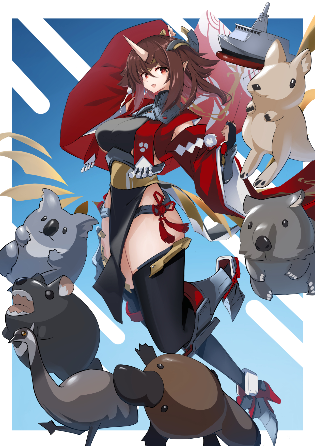 satsukitou, mogami (azur lane), mogami (retrofit) (azur lane), azur lane, animal request, commentary request, highres, 1girl, black gloves, black thighhighs, breasts, bridal gauntlets, brown hair, emu, gloves, js mogami (ffm-1), kangaroo, koala, large breasts, long sleeves, medium hair, pelvic curtain, platypus, red eyes, rudder footwear, solo, tasmanian devil, thighhighs