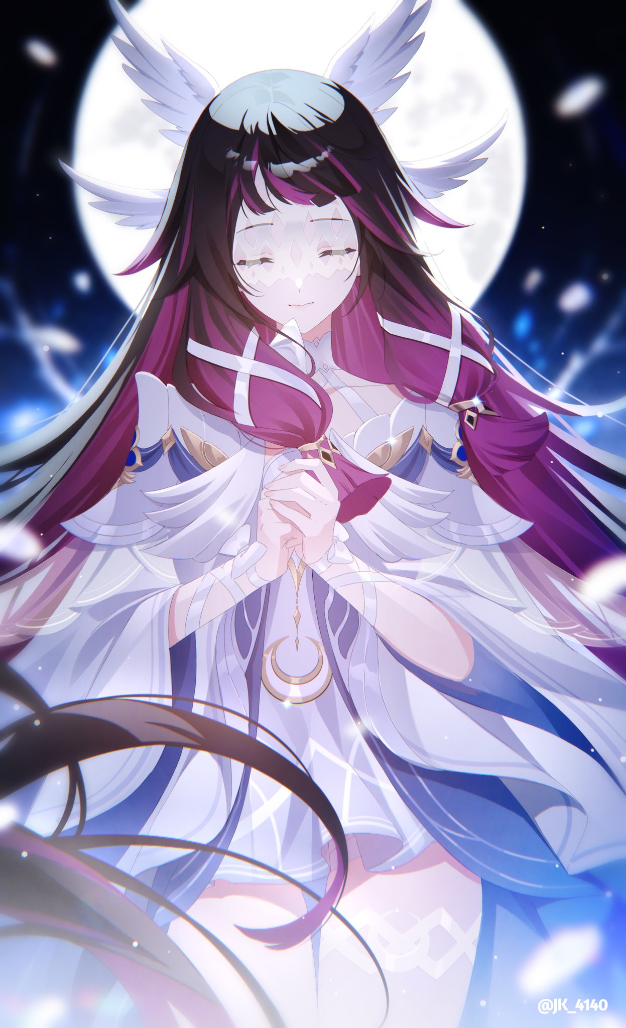jk 4140, columbina (genshin impact), genshin impact, highres, 1girl, black hair, closed eyes, closed mouth, crescent moon, dress, eye mask, head wings, long hair, moon, multicolored hair, own hands together, pink hair, praying, solo, streaked hair, two-tone hair, very long hair, white mask, wings, x-shaped eyewear