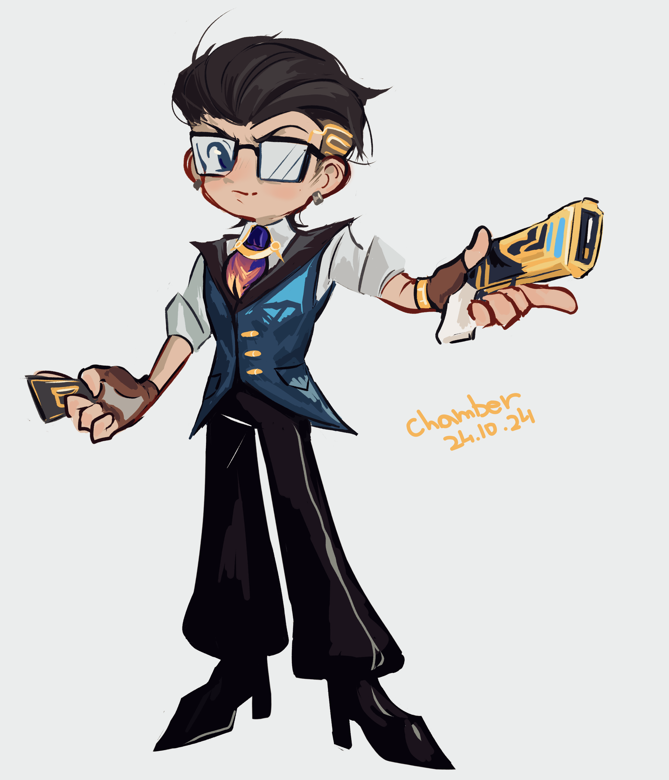 urennnii, chamber (valorant), valorant, absurdres, highres, black hair, black pants, black shoes, blue vest, bracelet, card, fingerless gloves, glasses, gloves, gun, handgun, holding, holding card, holding gun, holding weapon, jewelry, pants, shirt, shoes, solo, vest, weapon, white shirt