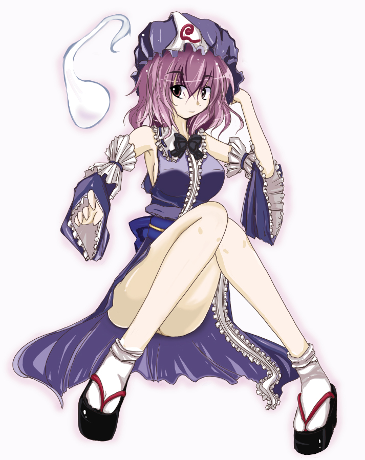 takaharu, saigyouji yuyuko, touhou, 1girl, ass, bad anatomy, breasts, convenient leg, detached sleeves, female focus, geta, hat, hitodama, knees together feet apart, medium breasts, pink eyes, pink hair, poorly drawn, short hair, sideboob, simple background, solo, triangular headpiece