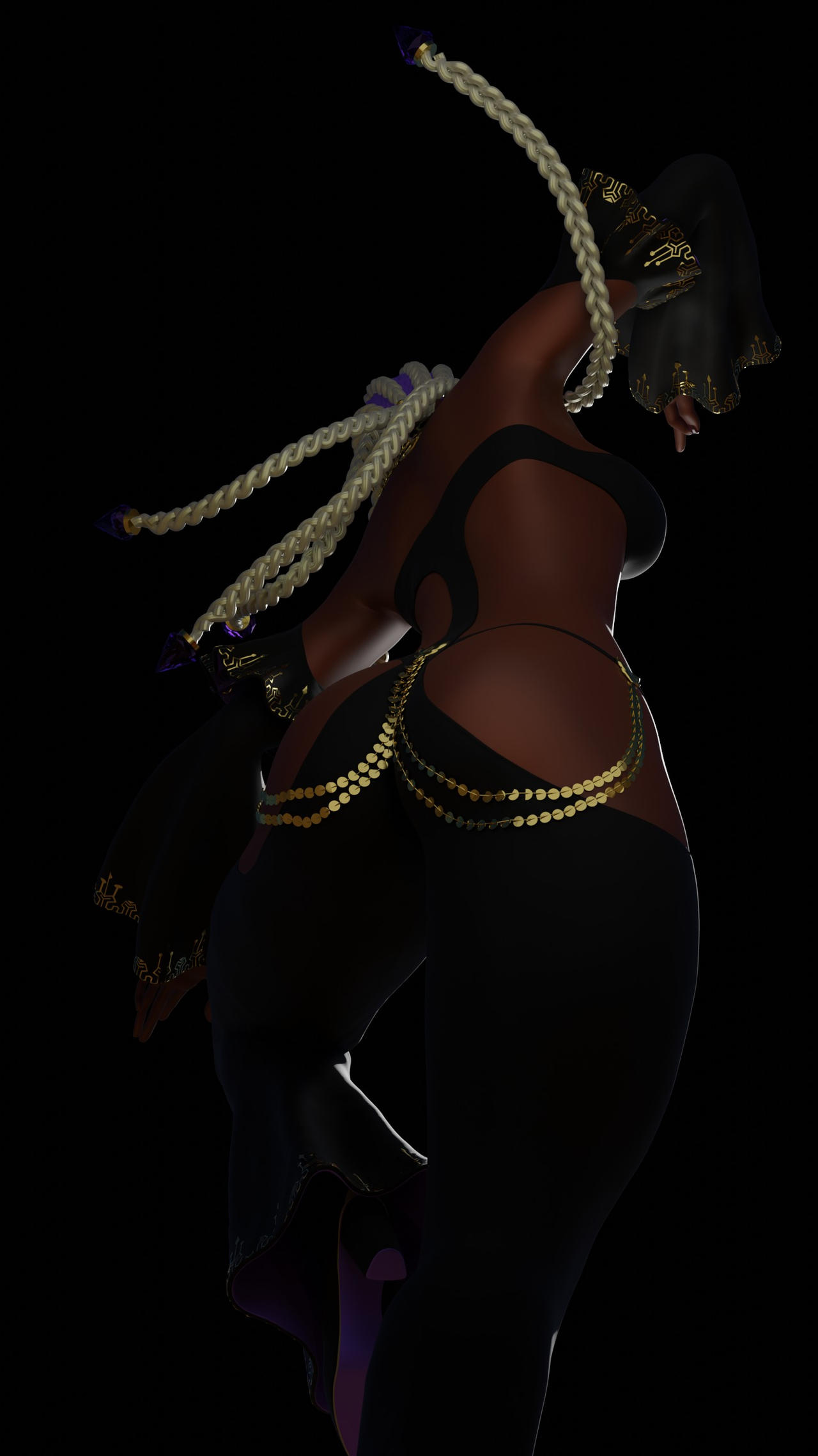 dolores (kof), the king of fighters, 1girl, ass, braid, breasts, dark-skinned female, dark skin, dress, female focus, from behind, gold, huge ass, huge breasts, jewelry, large breasts, long hair, long sleeves, multicolored hair, panties, standing, thick thighs, thighs, two-tone hair, underwear, white hair