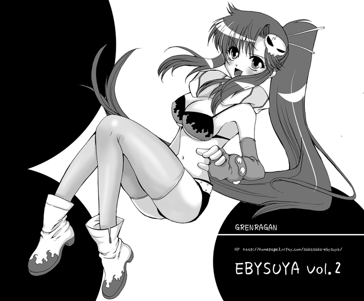 sakasaka, yoko littner, tengen toppa gurren lagann, 00s, bikini, bikini top only, greyscale, monochrome, short shorts, shorts, solo, swimsuit, thighhighs