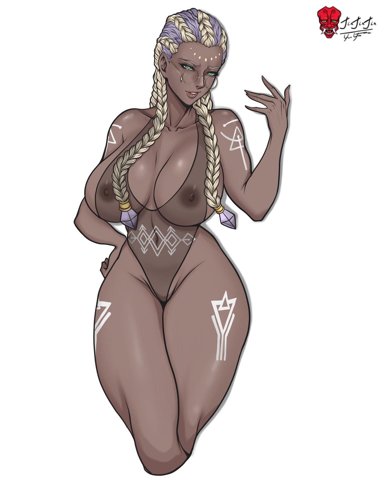zettonsfw, dolores (kof), the king of fighters, 1girl, bodypaint, bodysuit, braid, breasts, curvy, dark-skinned female, dark skin, female focus, glasses, green eyes, huge breasts, jewelry, large breasts, long hair, looking at viewer, multicolored hair, muscular, muscular female, nipples, one-piece swimsuit, purple hair, round eyewear, see-through clothes, smile, smiley face, swimsuit, thick lips, thick thighs, thighs, tight clothes, toned, toned female, two-tone hair, white hair, wide hips