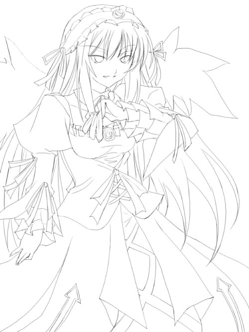 ribi, suigintou, rozen maiden, 00s, 1girl, arrow (symbol), cowboy shot, dress, female focus, frilled sleeves, frills, greyscale, hairband, lineart, lolita hairband, long sleeves, looking at viewer, monochrome, simple background, solo, white background, wings