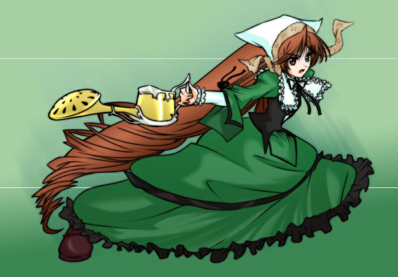 onakkey, suiseiseki, rozen maiden, 00s, 1girl, absurdly long hair, brown hair, dress, female focus, frills, full body, green eyes, green theme, hairband, headscarf, heterochromia, long hair, red eyes, solo, very long hair, watering can, white headscarf