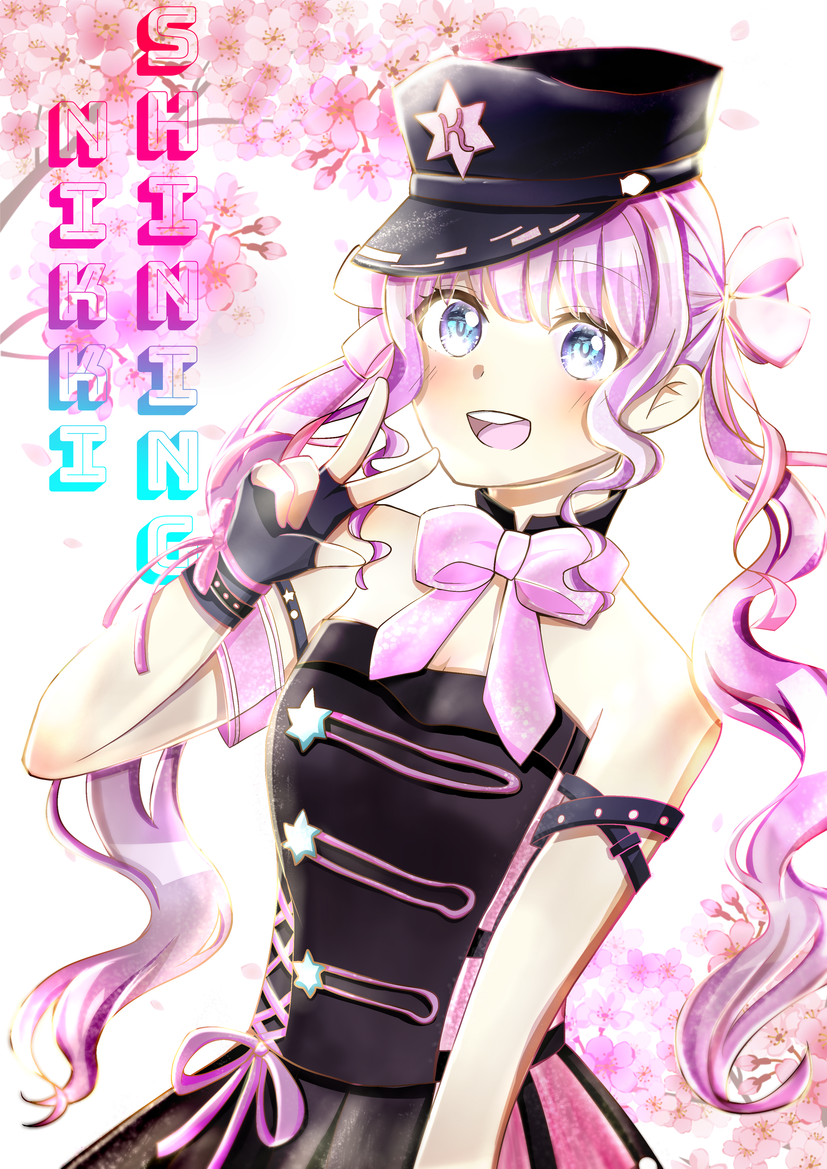 nikki (series), shining nikki, absurdres, highres, 1girl, arm belt, bare shoulders, belt, black belt, black collar, black dress, black gloves, black hat, blue eyes, blunt bangs, bow, bow-shaped hair, bowtie, branch, breasts, bud, cherry blossoms, cleavage, collar, copyright name, cowboy shot, cross-laced clothes, cross-laced dress, crossed belts, day, detached collar, dot nose, double bun, dress, dress ribbon, eyelashes, fingerless gloves, flower, gloves, hair bun, happy, hat, high collar, layered dress, light blush, long hair, open mouth, outdoors, peaked cap, petals, pink bow, pink bowtie, pink dress, pink flower, pink hair, pink ribbon, ribbon, ribbon-trimmed headwear, ribbon trim, rua (pixiv 66089805), sidelocks, sideways hat, smile, solo, spring (season), standing, star (symbol), star button, star print, strapless, strapless dress, studded belt, tareme, teeth, twintails, upper teeth only, v, voice of desire (shining nikki), wavy hair, white background, wrist ribbon