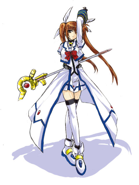 raising heart, raising heart (accel mode), takamachi nanoha, takamachi nanoha (aggressor mode), lyrical nanoha, mahou shoujo lyrical nanoha, mahou shoujo lyrical nanoha strikers, 00s, 1girl, brown hair, female focus, solo, thighhighs, twintails, zettai ryouiki