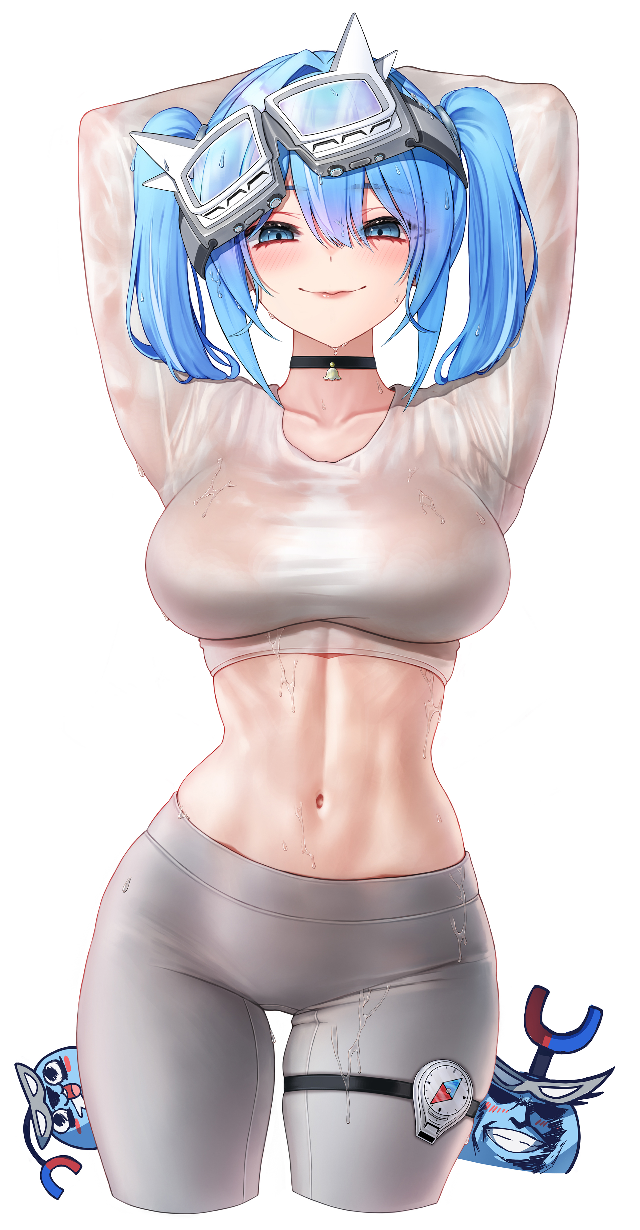 eruthu, all might, arahashi tabi, pungdangi (arahashi tabi), boku no hero academia, stellive, absurdres, commentary request, highres, korean commentary, 1girl, arms behind head, arms up, black choker, blue eyes, blue hair, breasts, choker, closed mouth, collarbone, crop top, cropped legs, goggles, goggles on head, grey leggings, large breasts, leggings, long hair, looking at viewer, midriff, navel, see-through clothes, see-through shirt, shirt, simple background, skindentation, smile, solo, stomach, thigh strap, twintails, virtual youtuber, wet, wet clothes, wet shirt, white background, white shirt