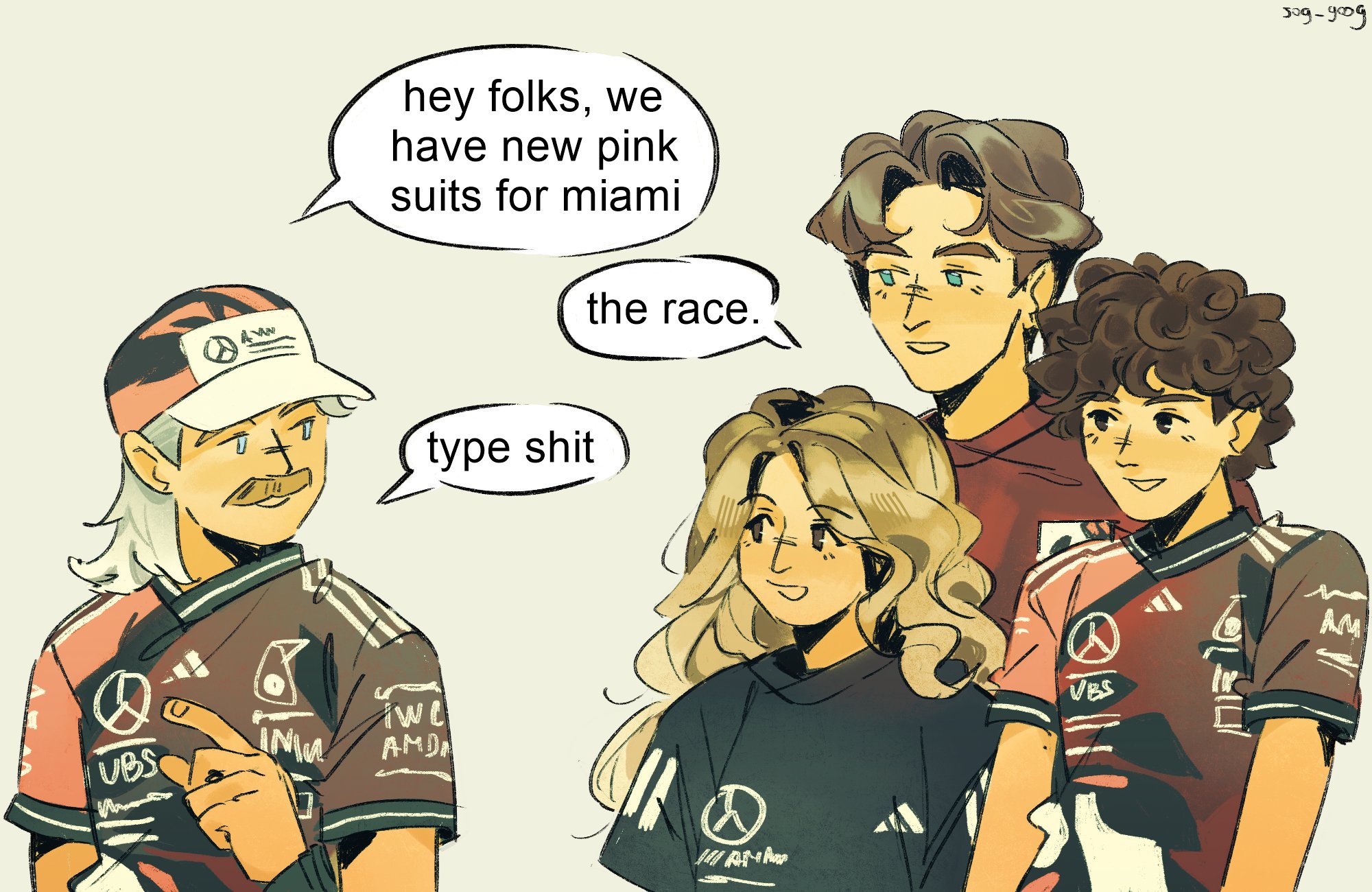 formula one, real life, commentary, english commentary, highres, 1girl, 3boys, andrea kimi antonelli, baseball cap, black eyes, black shirt, blonde hair, blue eyes, brown hair, doriane pin, english text, f1 academy, facial hair, george russell, hand up, hat, long hair, looking at another, multiple boys, mustache, no sclera, open mouth, parted bangs, pink hat, red shirt, shirt, short hair, short sleeves, simple background, smile, sog goog, speech bubble, talking, valtteri bottas, wavy hair, white background, white hair