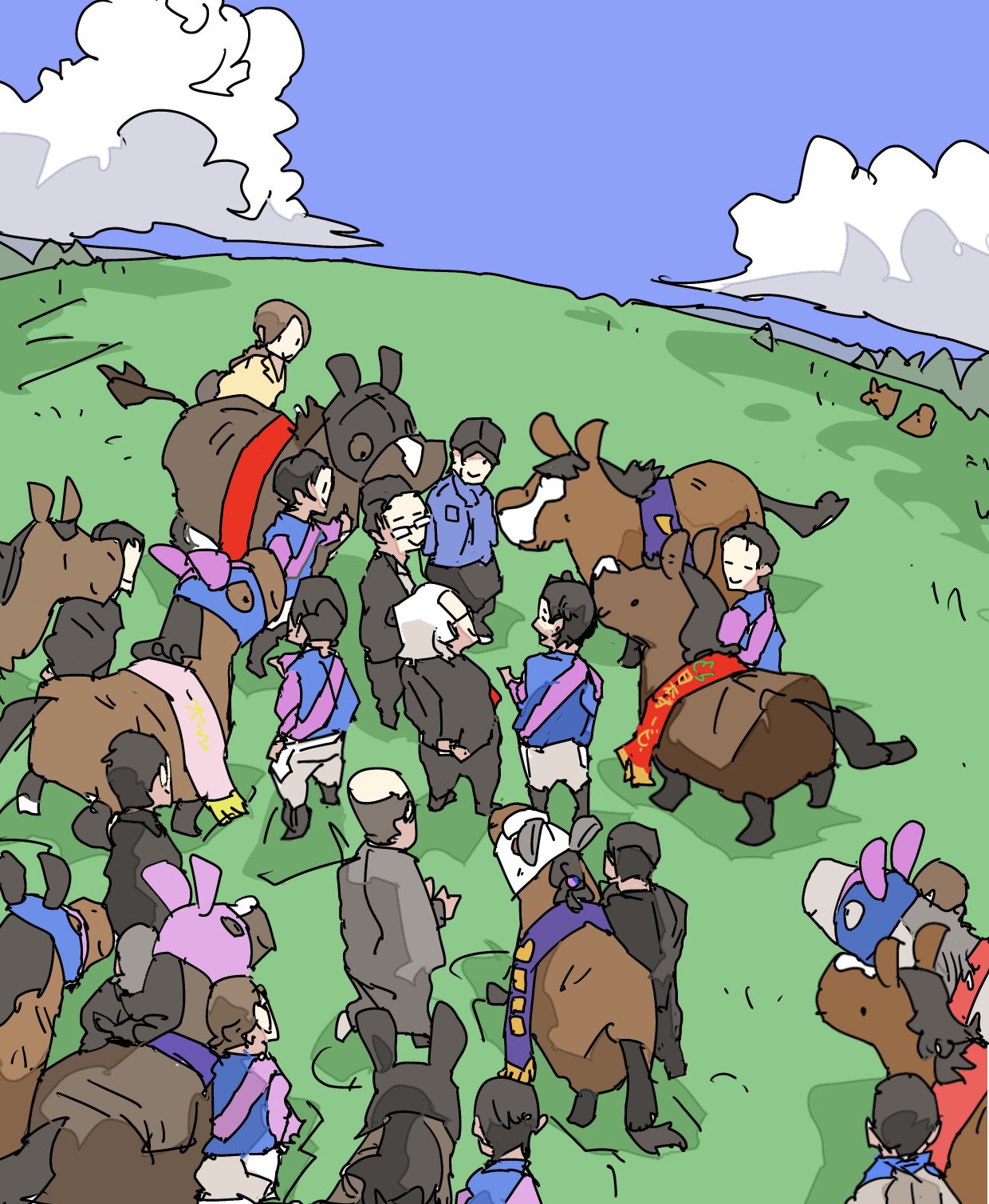 meisho doto (racehorse), real life, annotation request, character request, check character, highres, partially annotated, translated, 6+boys, black hat, black jacket, black pants, eitanokeiba, formal clothes, from above, glasses, hat, horse, jacket, matsumoto yoshio, meisho beluga (racehorse), meisho mambo (racehorse), meisho samson (racehorse), meisho tabaru (racehorse), multiple boys, pants, racing colors, suit, white hair