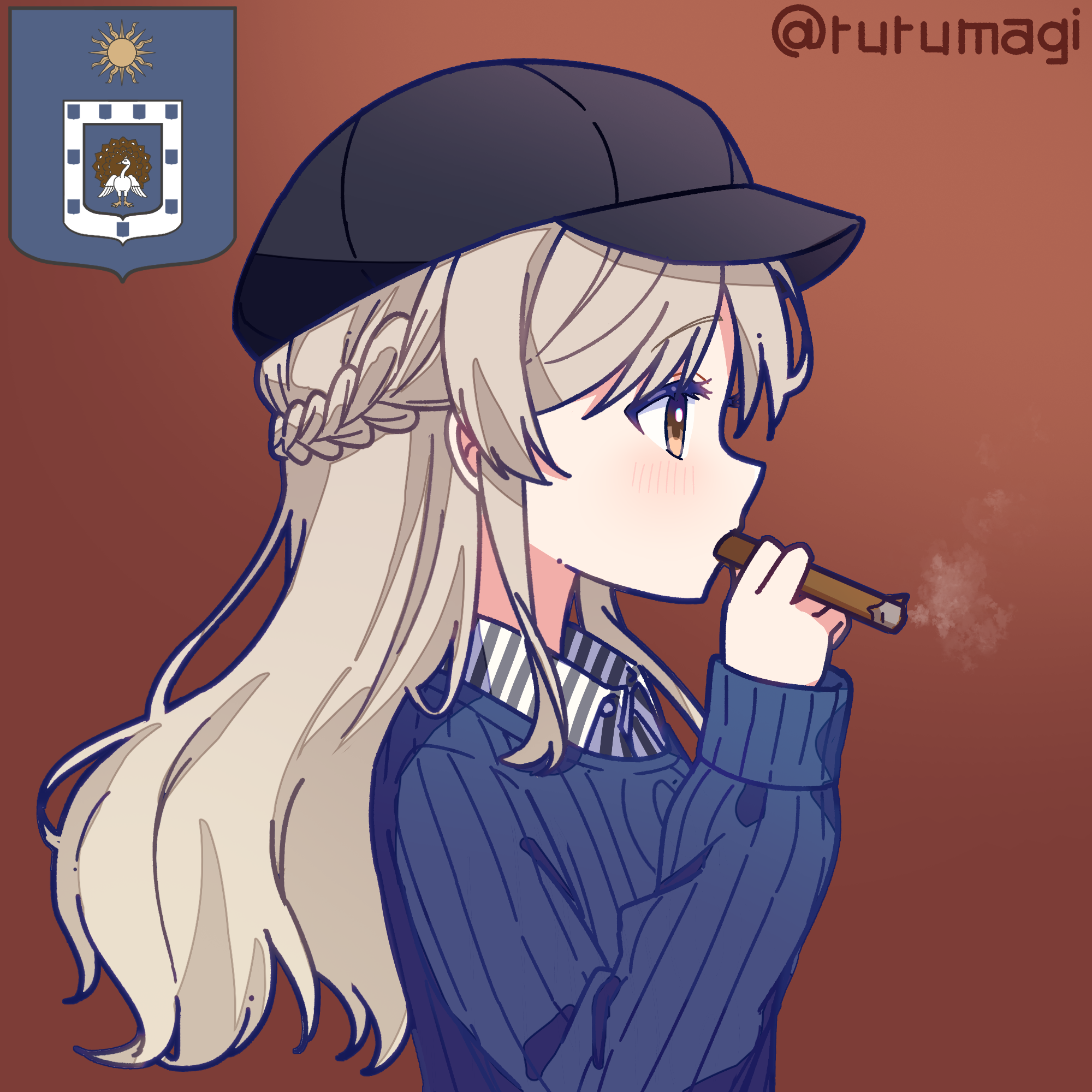 ruru (rurumagi), original, commentary request, commission, highres, pixiv commission, 1girl, black hat, blonde hair, blue sweater, blush, brown eyes, cigarette, coat of arms, from side, hat, holding, holding cigarette, long hair, long sleeves, profile, simple background, smoking, solo, sweater, twitter username, upper body, wing collar