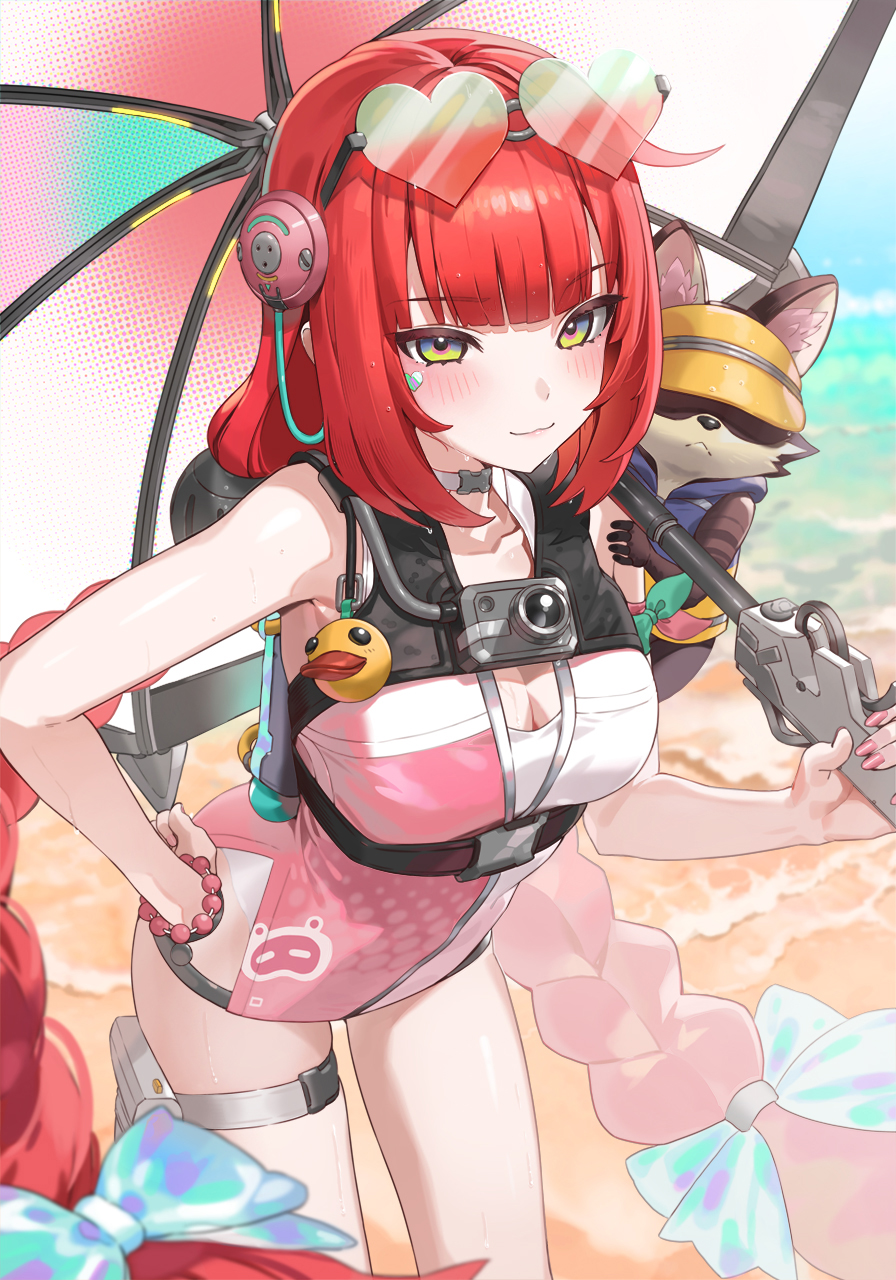 kfr, kamanosuke (zenless zone zero), ukinami yuzuha, ukinami yuzuha (tanuki in broad daylight), zenless zone zero, commentary, highres, 1girl, blush, braid, breasts, cleavage, eyewear on head, green eyes, heart, heart-shaped eyewear, holding, holding umbrella, long hair, looking at viewer, medium breasts, official alternate costume, one-piece swimsuit, red hair, smile, solo, sunglasses, swimsuit, twin braids, umbrella, very long hair