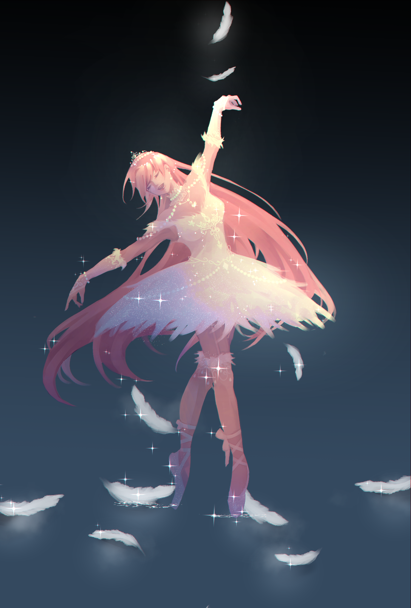 nikki (nikki), nikki (series), shining nikki, commentary, contest winner, english commentary, highres, 1girl, arm up, ballerina, ballet, ballet slippers, bare shoulders, bead bracelet, beads, black background, blue background, bracelet, bridal gauntlets, choker, closed eyes, dancing, dress, falling feathers, feather-trimmed dress, feather sleeves, feather trim, feathers, full body, fur armlet, fur thigh strap, glittering date (shining nikki), gradient background, helena (artist), jewelry, leaning to the side, leg ribbon, long hair, off-shoulder dress, off shoulder, open mouth, outstretched arms, pink hair, reflective floor, ribbon, shoes, short dress, short sleeves, sidelocks, single bridal gauntlet, smile, solo, sparkle, straight hair, teeth, thigh strap, tiara, tiptoes, tutu, upper teeth only, very long hair, white bridal gauntlets, white choker, white dress, white ribbon, white shoes
