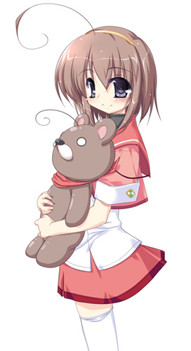 akahito, lowres, 1girl, ahoge, brown hair, female focus, hairband, purple eyes, school uniform, serafuku, short hair, simple background, solo, stuffed animal, stuffed toy, teddy bear, thighhighs, white thighhighs, zettai ryouiki