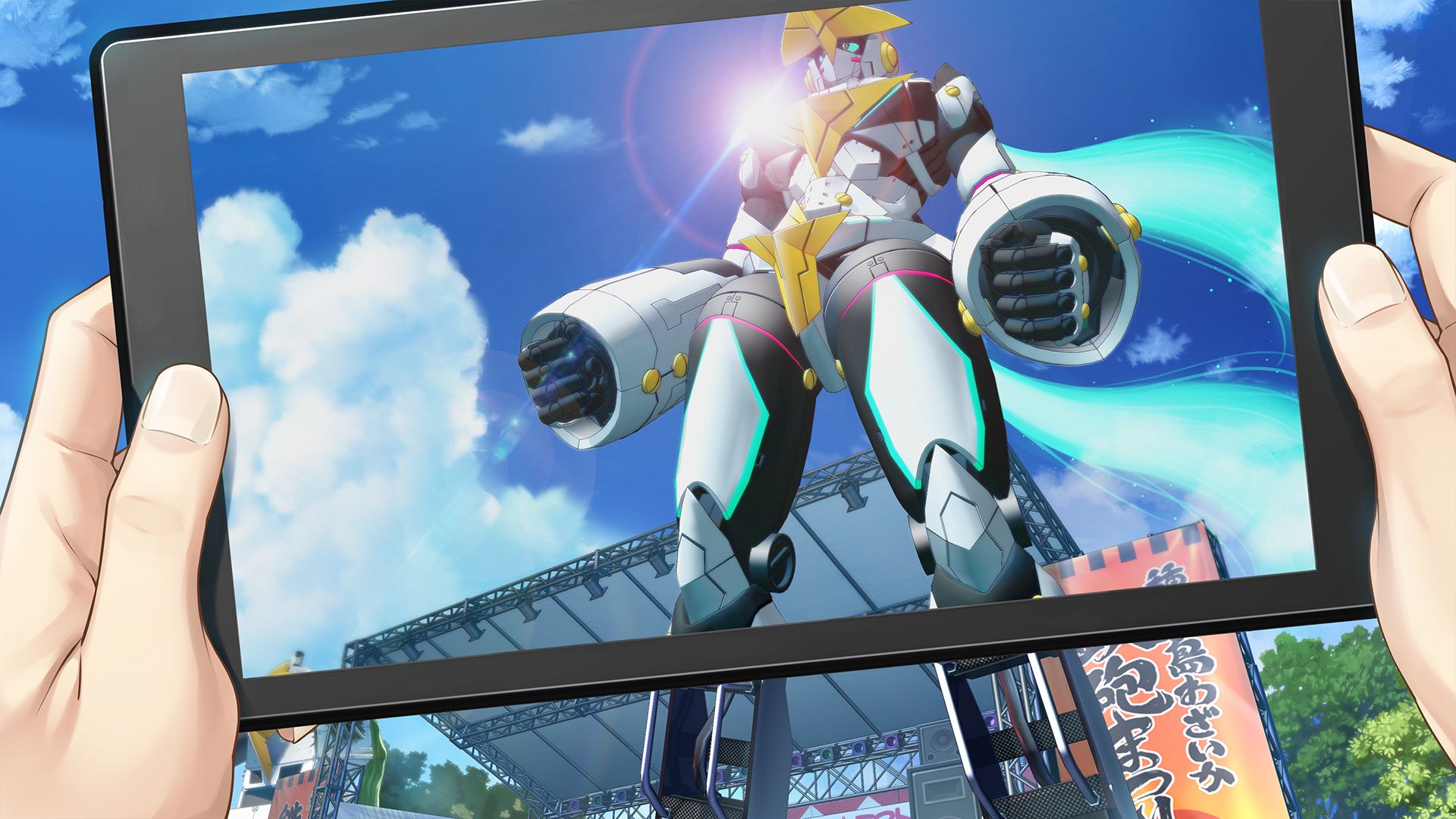 fukuda tomonori, gunvarrel, yashio kaito, kidou battle gunvarrel, robotics;notes, robotics;notes dash, science adventure, game cg, highres, non-web source, official art, 1boy, blue sky, cloud, day, fingernails, holding, holding tablet pc, mecha, outdoors, pov, robot, sky, tablet pc