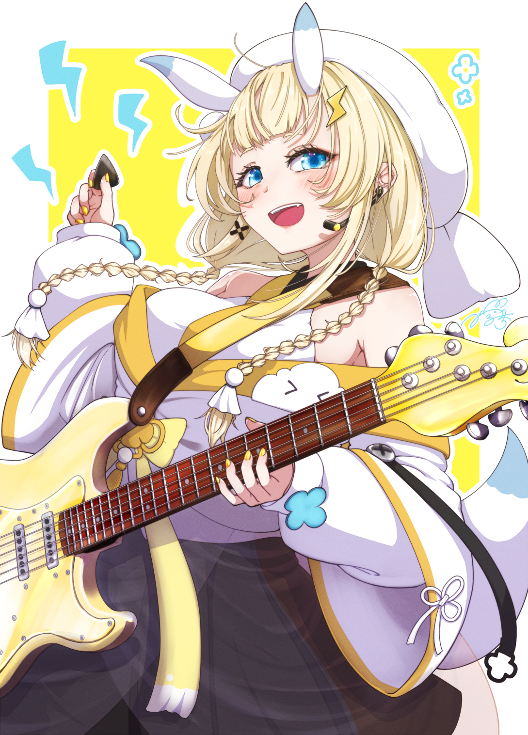usui ryuusan, kadou mikaru, nijisanji, highres, 1girl, :d, bare shoulders, black skirt, blonde hair, blue eyes, blue horns, blue tail, blush, border, braid, breasts, coat, coat partially removed, cowboy shot, fangs, flower knot, guitar, hair ornament, hair over shoulder, hakama, hakama skirt, hat, headset, holding, holding guitar, holding instrument, holding plectrum, horns, instrument, japanese clothes, kimono, large breasts, layered sleeves, lightning bolt, lightning bolt hair ornament, lightning bolt symbol, long sleeves, looking at viewer, low twin braids, miniskirt, multicolored horns, nail polish, open mouth, outline, plectrum, pom pom (clothes), pom pom hair ornament, puffy long sleeves, puffy sleeves, ribbon, screw, see-through clothes, short over long sleeves, short sleeves, sidelocks, signature, simple background, skirt, smile, solo, teruterubouzu, twin braids, two-tone horns, two-tone tail, virtual youtuber, white border, white coat, white hat, white horns, white kimono, white outline, white tail, x hair ornament, yellow background, yellow nails, yellow ribbon, yellow trim