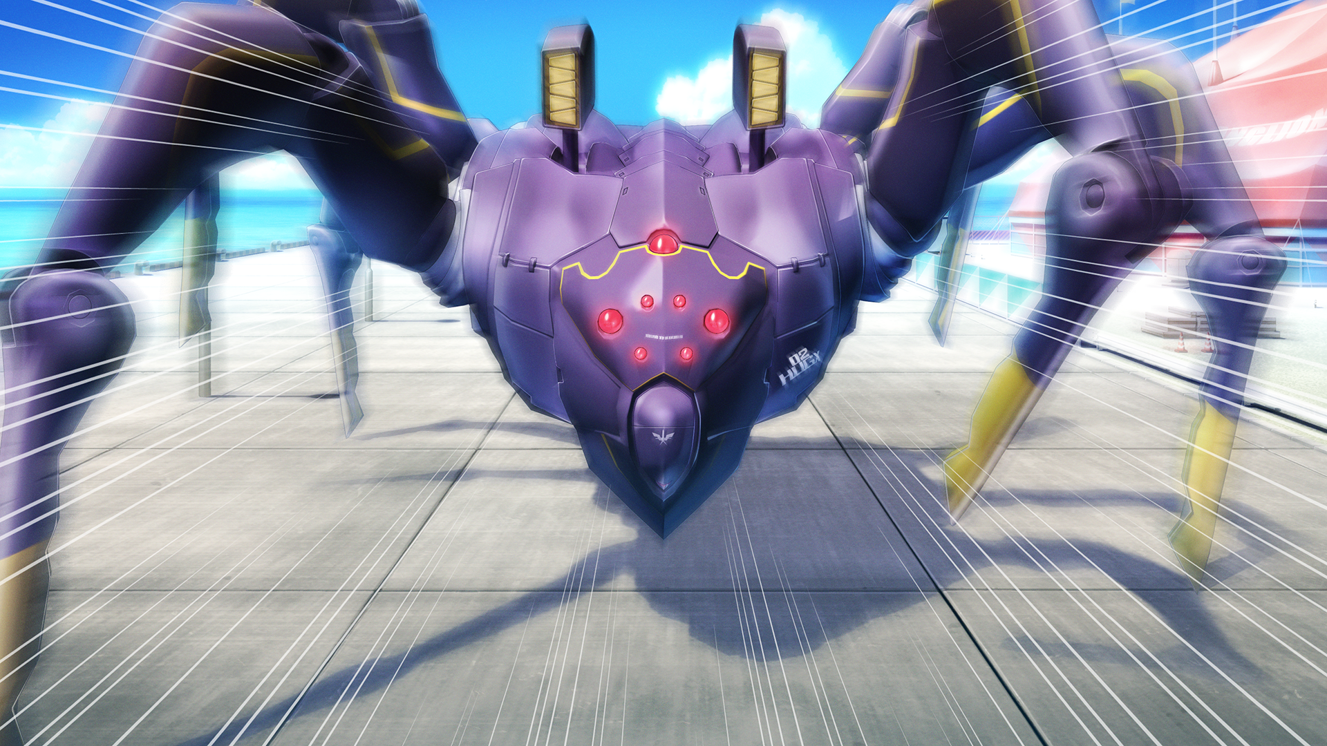 fukuda tomonori, robotics;notes, robotics;notes dash, science adventure, game cg, highres, non-web source, official art, blue sky, cloud, day, mecha, motion blur, motion lines, no humans, outdoors, robot, sky
