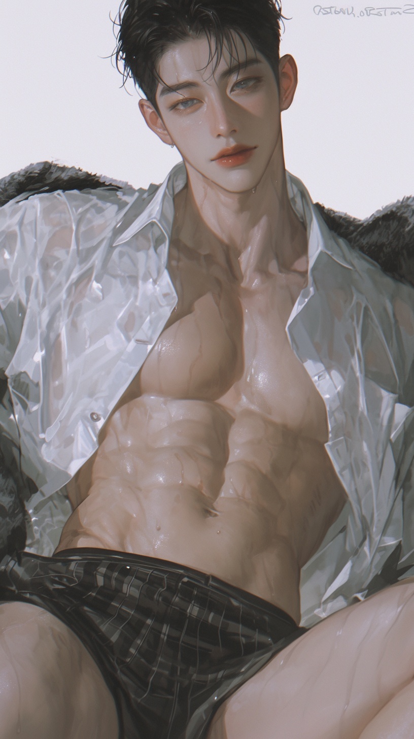 artist request, copyright request, highres, non-web source, source request, 1boy, abs, black hair, blue eyes, lips, looking at viewer, male focus, navel, open clothes, open shirt, school uniform, shirt, solo, wet, wet clothes, wet shirt, white shirt