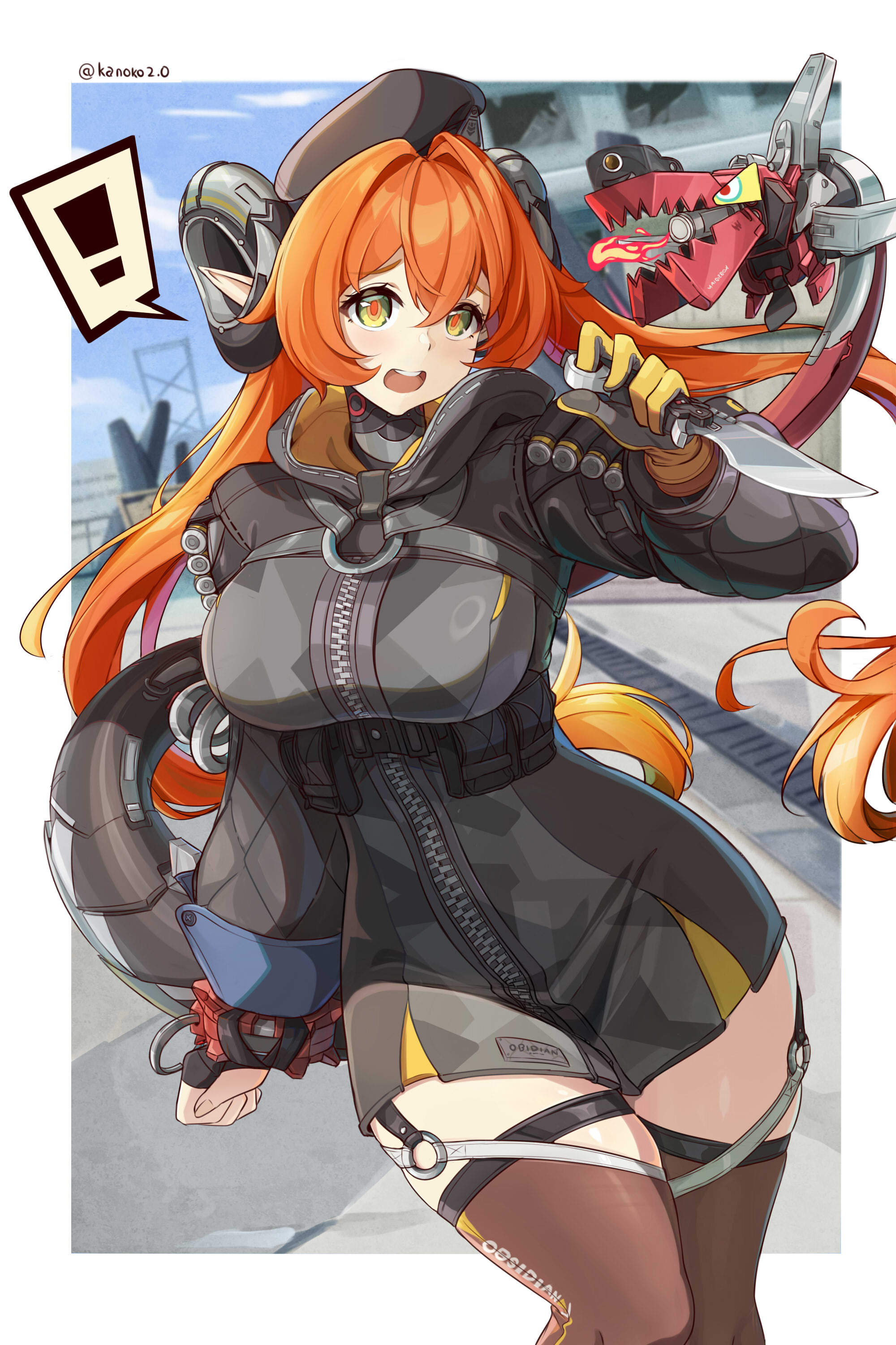 kanoko2.0, magus (zenless zone zero), orphie magnusson, zenless zone zero, absurdres, highres, !, 1girl, 1other, ammunition, asymmetrical gloves, black horns, black jacket, dragon girl, dragon horns, dress, fingerless gloves, fire, gloves, gun, hat, horns, jacket, knife, mechanical horns, mechanical tail, mismatched gloves, open mouth, orange hair, orange pupils, panties, pointy ears, single fingerless glove, tail, teeth, thighhighs, twintails, underwear, upper teeth only, weapon, yellow gloves, yellow panties, zipper, zipper dress, zipping