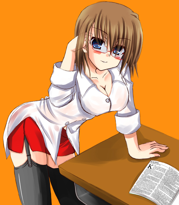 lask, yagami hayate, lyrical nanoha, mahou shoujo lyrical nanoha, mahou shoujo lyrical nanoha a's, 00s, 1girl, bespectacled, breasts, cleavage, female focus, glasses, large breasts, solo, thighhighs